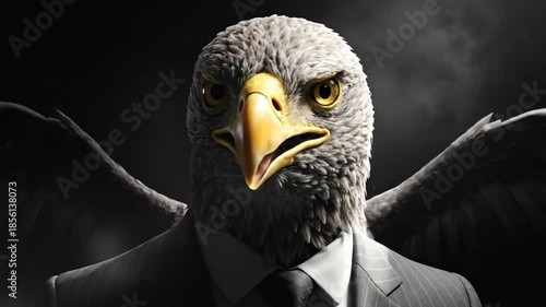 Eagle man character in pinstripe business suit with yellow beak and wings. Concept for leadership, power and financial success.
