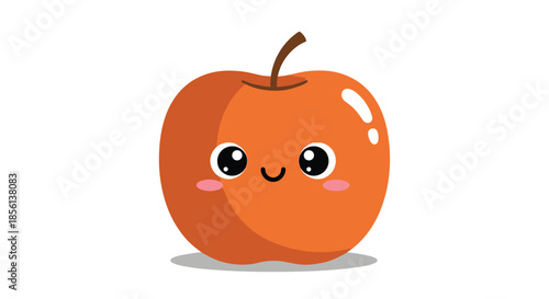 A cheerful and adorable orange apple with a cute face, big eyes, and rosy cheeks is depicted in a charming cartoon style.