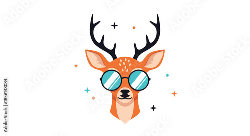 A cheerful, stylish deer wearing round eyeglasses and antlers, surrounded by whimsical star elements, presented as a cute and modern illustration.