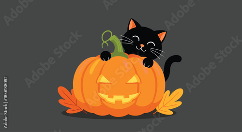 Adorable black cat happily peeking over a grinning Jack-o'-lantern, surrounded by fallen autumn leaves on a plain grey background.