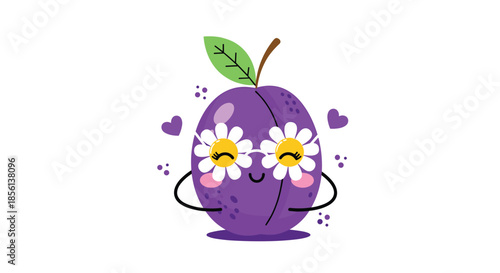 A cheerful cartoon purple plum character wearing cute daisy flower glasses and a warm smile on a white background.