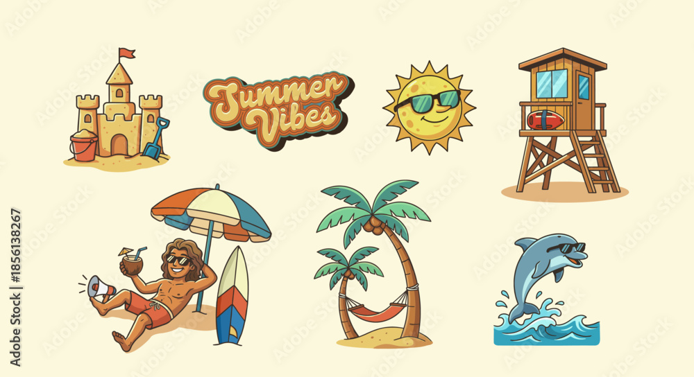 Fototapeta premium Summer Beach Vacation Elements Cartoon Set