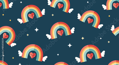 Cute seamless pattern featuring whimsical flying rainbows with smiling hearts, set against a dark blue background with sparkling stars.
