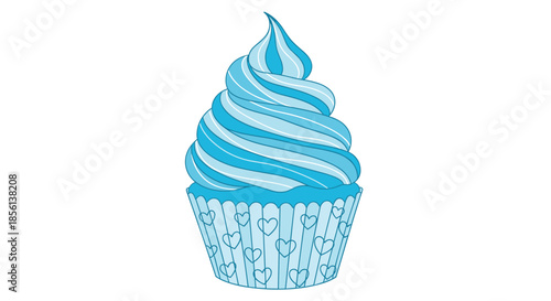 A charming blue cupcake with swirled frosting and a heart-patterned wrapper, isolated on a clean white background.