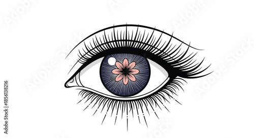 A captivating stylized illustration of an eye featuring long lashes and a delicate pink flower blooming within its blue-purple iris, symbolizing inner beauty.