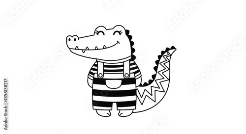 A cute cartoon alligator in striped overalls smiles happily, presented as a black and white outline, ideal for children's designs.