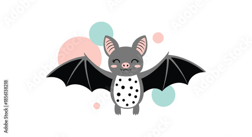 A cute cartoon bat with polka dots and outstretched wings smiles happily amidst colorful pastel circles.