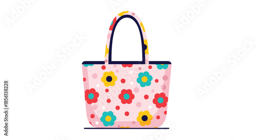 A charming pink tote bag with vibrant floral patterns and polka dots, perfect for spring or summer outings, presented in a delightful flat illustration style.