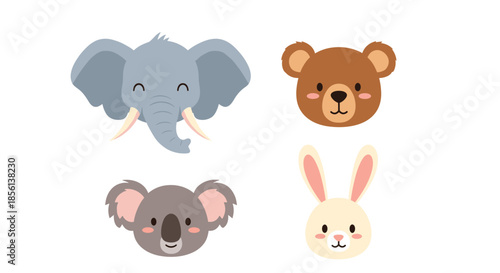 Adorable set of cartoon animal faces featuring an elephant, brown bear, koala, and bunny rabbit, isolated on white background.