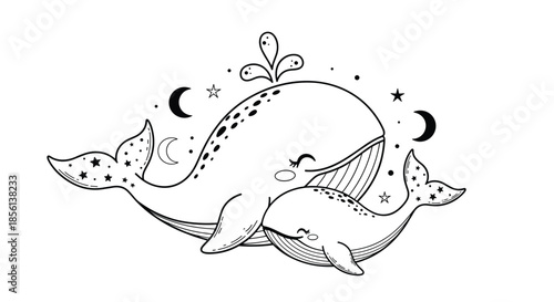 Cute mother and baby whale swimming with stars and moons, a heartwarming black and white line art illustration.