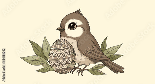 Cute cartoon bird with large eyes holding a patterned Easter egg amidst green leaves, symbolizing spring and new beginnings.