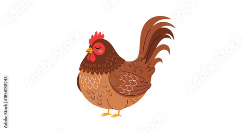 Simple, charming flat vector illustration of a brown hen with a red comb, closed eyes, and patterned feathers, isolated on white background.