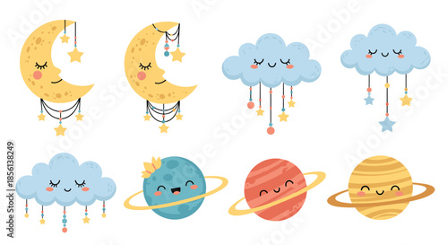 Cute hand-drawn sleepy moons, clouds, and planets with stars, perfect for a dreamy celestial nursery design.