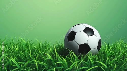Soccer ball slowly rolling through vibrant green grass on a gradient field background for sport event branding