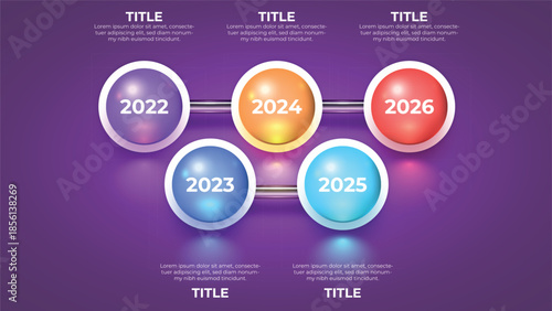 5 Year Timeline Infographic Template with Glowing 3D Spheres. Business Roadmap from 2022 to 2026. Process Flow Chart for Annual Reviews and Future Growth Projections. Professional Vector Illustration