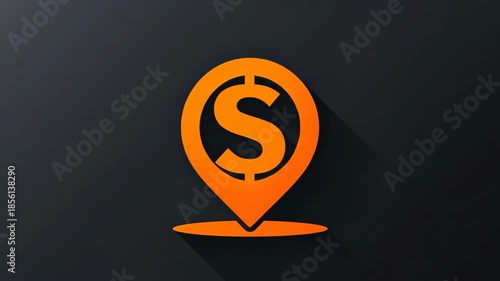 Glowing orange dollar sign inside location pin map icon changing with flat long shadow on dark background