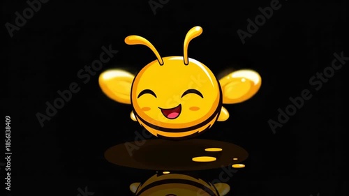 Cute honey bee dropping sweet sticky nectar with reflection. Cartoon illustration on black background.