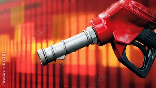 Red fuel nozzle gradually approaching a digital display showing abstract orange and red data visualizations