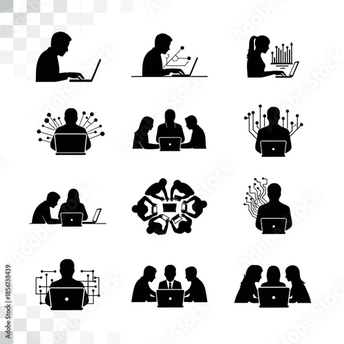 Business Team Collaboration Silhouettes With Laptop Devices