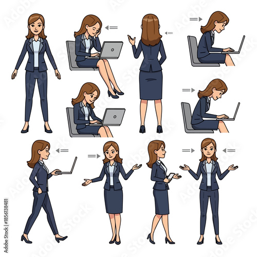 Business Woman In Various Poses Using Laptop And Talking
