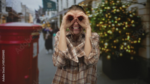 Fotografi Woman smiling with hands raised by red postbox on busy city street near a decorated christmas tree and shopfronts; holiday joy celebration family