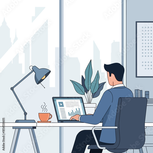 Businessman Working On Laptop At Office Desk With City View