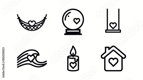 Set of simple black line icons with heart symbols for relaxation and love Vector, illustration