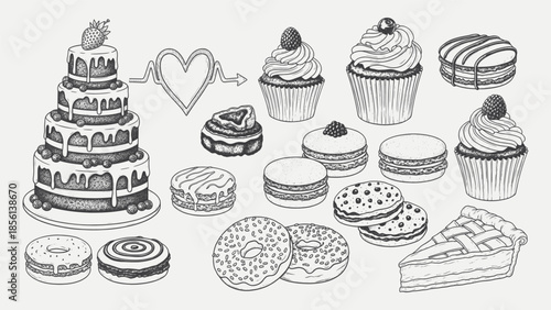 Delicious desserts and cakes with cupcakes and pastries Vector, illustration