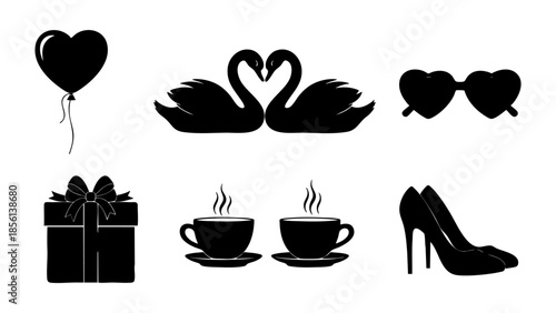 Romantic symbols and love icons in black silhouette Vector, illustration