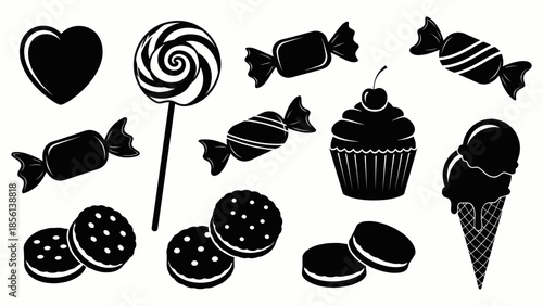 Sweet treats and desserts in black and white Vector, illustration