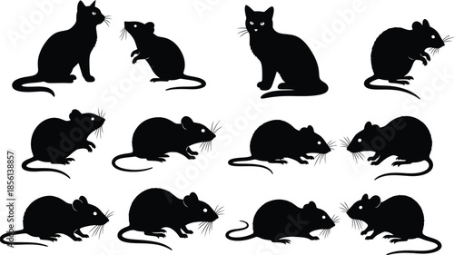 Silhouette illustrations of cats and mice in various poses