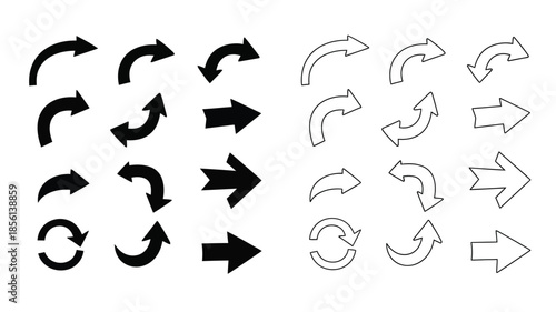 Collection of various black and white circular and directional arrows