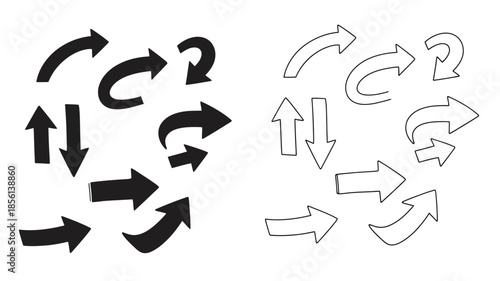 Collection of various black and white circular and directional arrows