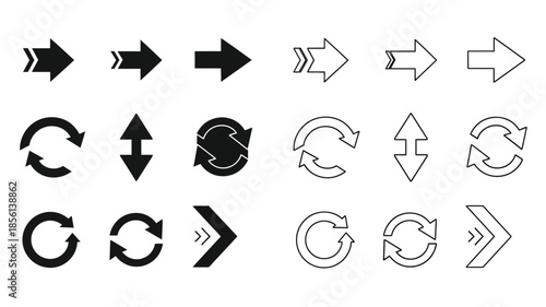 Collection of various black and white arrow and circular rotation icons