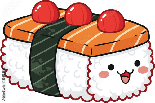 Cute kawaii sushi character with salmon nigiri smiling face japanese food icon, adorable cartoon cuisine design, flat vector illustration