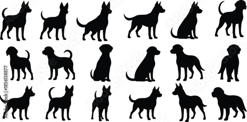 Collection of various dog breeds in silhouette form
