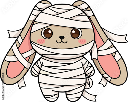 Cute mummy bunny cartoon character wrapped in bandages, kawaii rabbit Halloween mascot, adorable spooky animal design, flat vector illustration