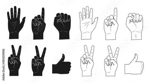 Diverse hand gestures black and white illustrations showcasing various hand signs