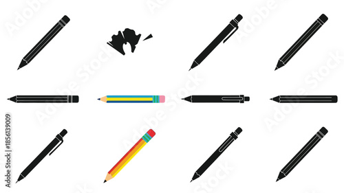 An assortment of writing tools including pencils pens and colorful crayons