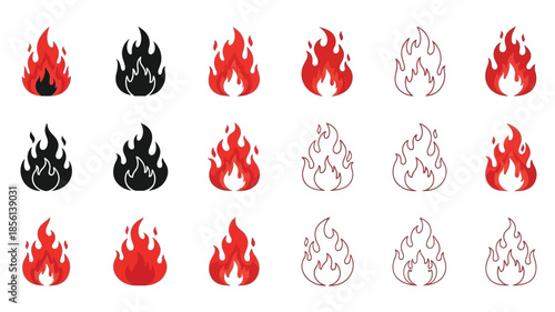 Collection of fire flame icons in various styles and color schemes