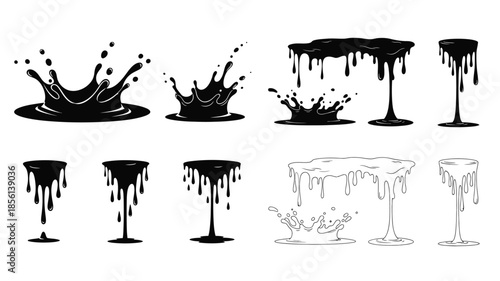 Black liquid splashes drips and overflowing glasses in a monochrome style