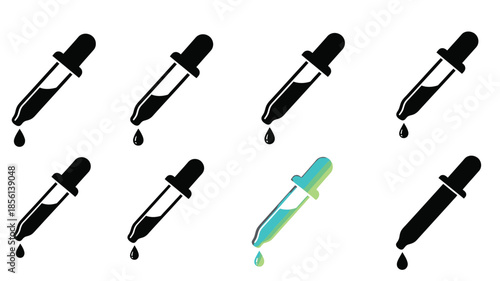 A collection of dropper bottles with one highlighted in vibrant blue and green