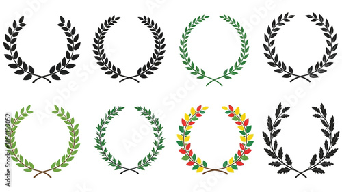 Assortment of laurel wreaths in various colors and styles displayed on white