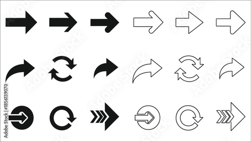 Collection of various black and white arrow and circular rotation symbols