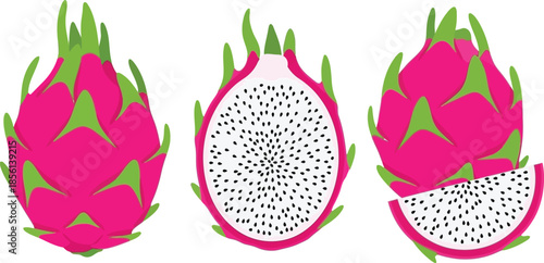 Three vibrant dragon fruits shown whole and sliced