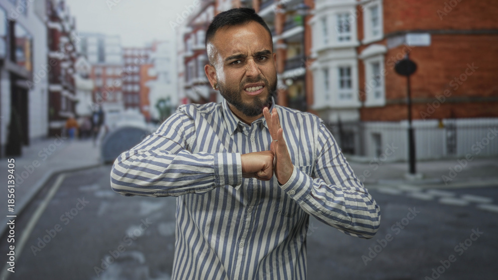 Fototapeta premium Man blocking with fist and palm on street, grimacing in striped shirt, young hispanic outdoors; annoyance refusal.