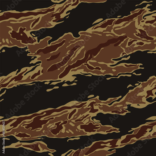 Camouflage seamless pattern. Tiger stripe camouflage pattern. Forest real tree camouflage design. Hunting camouflage. Tiger stripe pattern.	
