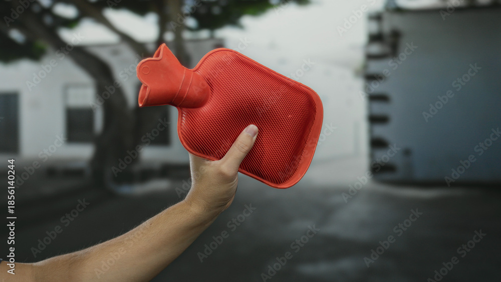 Fototapeta premium Man holding a red hot water bottle on a city street, showcasing urban life with blurred buildings in the background.