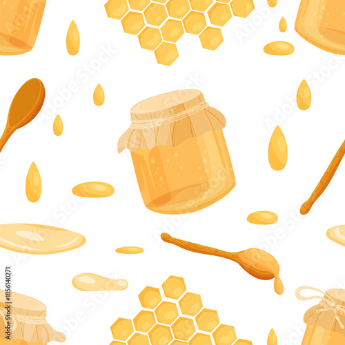 Seamless pattern with honey jars, honeycombs and golden drops over a white background. A warm, sweet design perfect for packaging, branding, fabric, wrapping paper.