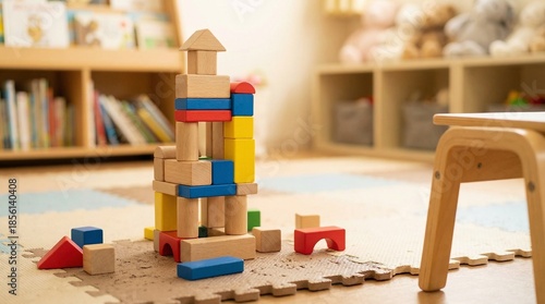 Tower of colorful wooden building blocks on a puzzle mat. Educational construction toy in a nursery room. Preschool learning and creativity concept